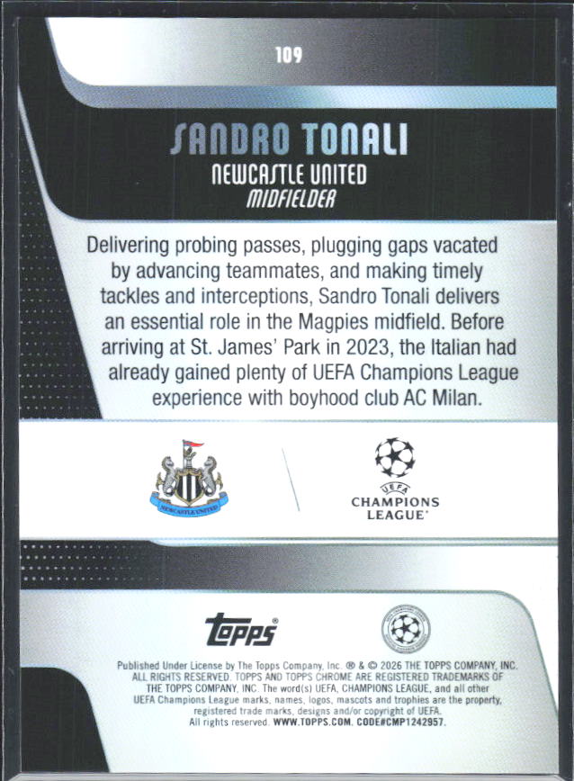 2025-26 Topps Chrome UEFA Club Competitions #109 Sandro Tonali – baksida