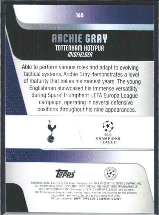 2025-26 Topps Chrome UEFA Club Competitions #165 Archie Gray – baksida