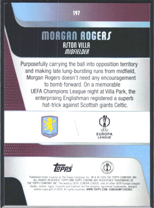 2025-26 Topps Chrome UEFA Club Competitions #197 Morgan Rogers – baksida