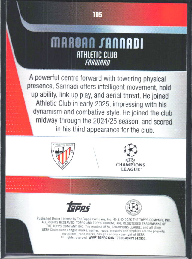 2025-26 Topps Chrome UEFA Club Competitions #105 Maroan Sannadi – baksida