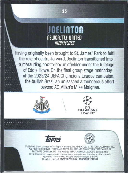 2025-26 Topps Chrome UEFA Club Competitions #23 Joelinton – baksida