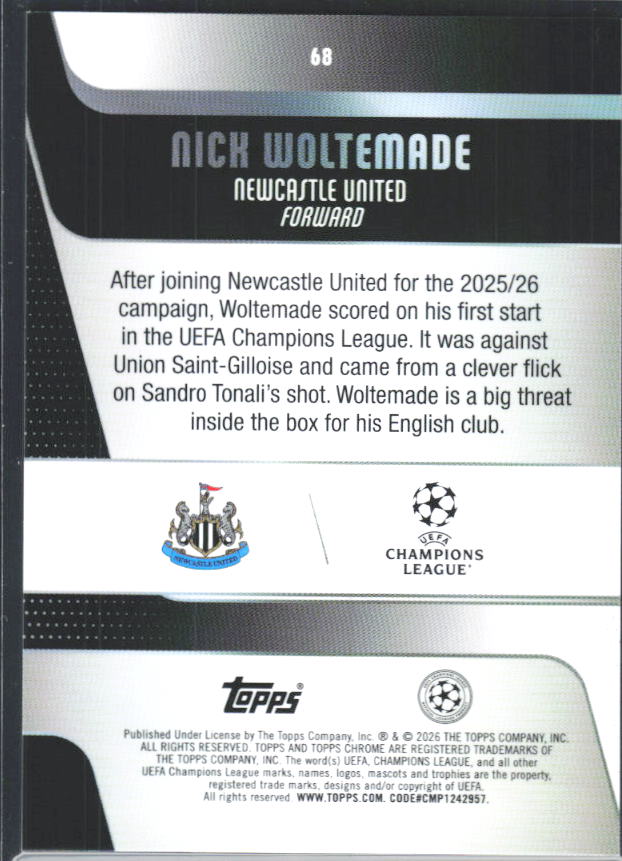 2025-26 Topps Chrome UEFA Club Competitions #68 Nick Woltemade – baksida