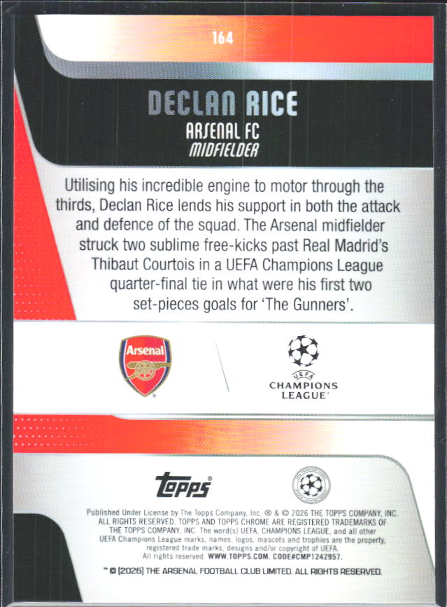 2025-26 Topps Chrome UEFA Club Competitions #164 Declan Rice – baksida