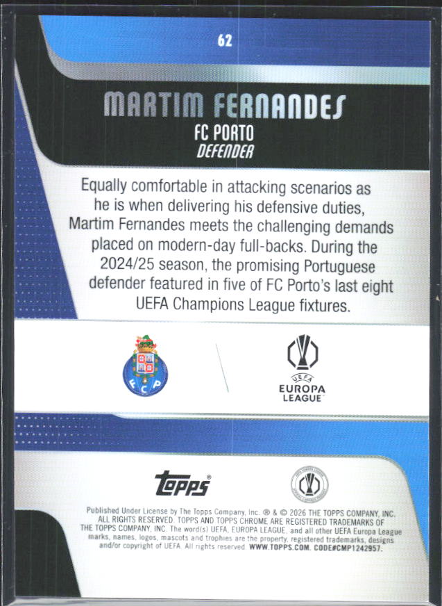 2025-26 Topps Chrome UEFA Club Competitions #62 Martim Fernandes – baksida