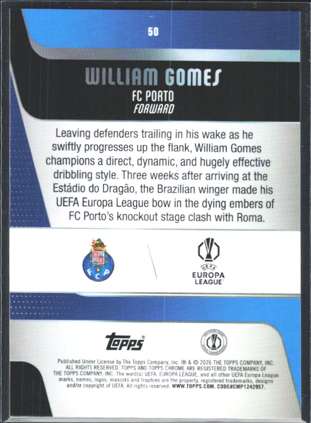 2025-26 Topps Chrome UEFA Club Competitions #50 William Gomes – baksida