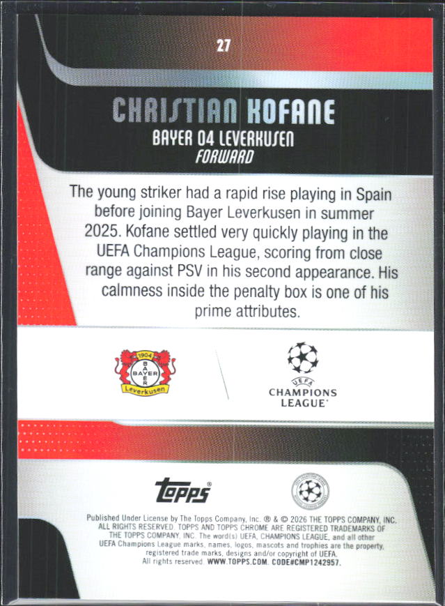 2025-26 Topps Chrome UEFA Club Competitions #27 Christian Kofane – baksida