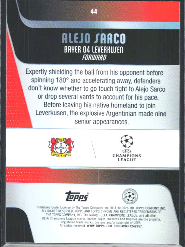 2025-26 Topps Chrome UEFA Club Competitions #44 Alejo Sarco – baksida