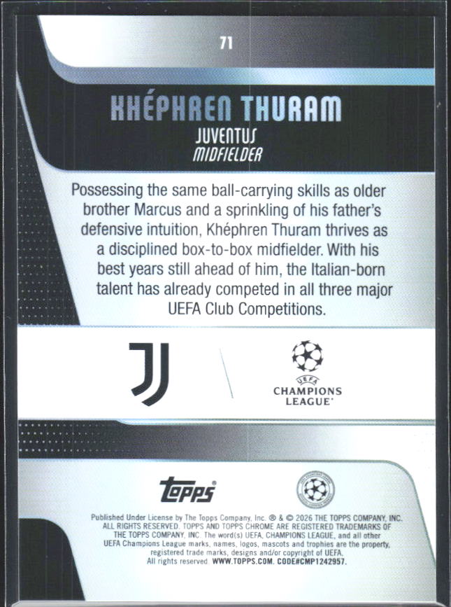2025-26 Topps Chrome UEFA Club Competitions #71 Khéphren Thuram – baksida
