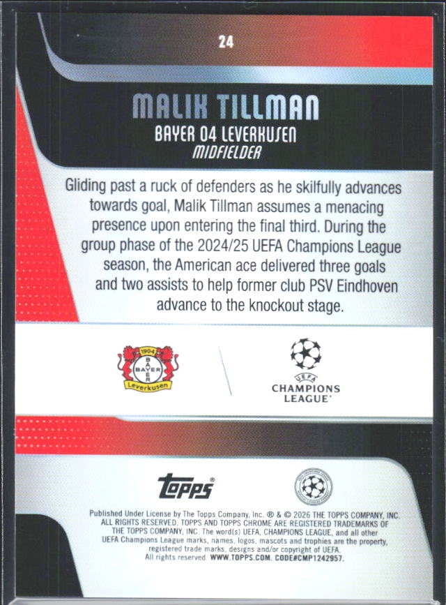 2025-26 Topps Chrome UEFA Club Competitions #24 Malik Tillman – baksida