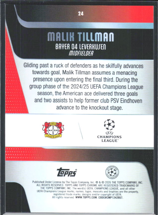 2025-26 Topps Chrome UEFA Club Competitions #24 Malik Tillman – baksida