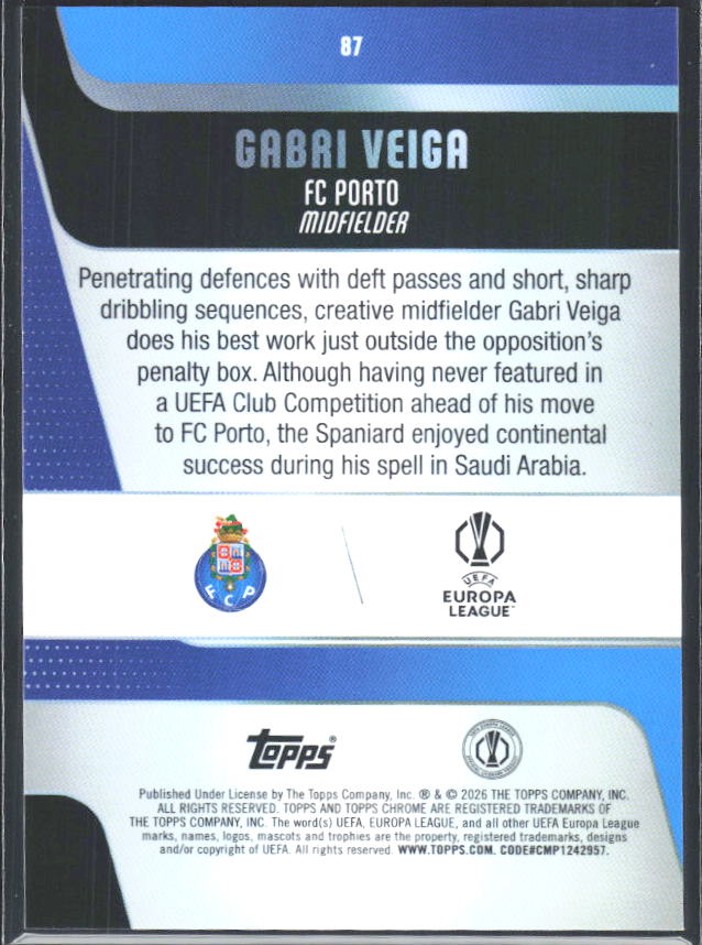 2025-26 Topps Chrome UEFA Club Competitions #87 Gabri Veiga – baksida