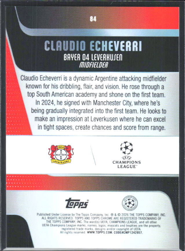 2025-26 Topps Chrome UEFA Club Competitions #84 Claudio Echeverri – baksida
