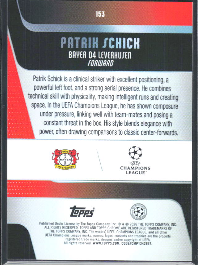 2025-26 Topps Chrome UEFA Club Competitions #153 Patrik Schick – baksida