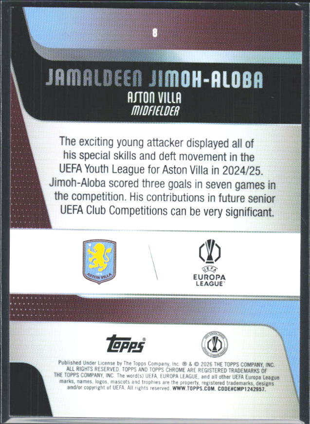 2025-26 Topps Chrome UEFA Club Competitions #8 Jamaldeen Jimoh-Aloba – baksida
