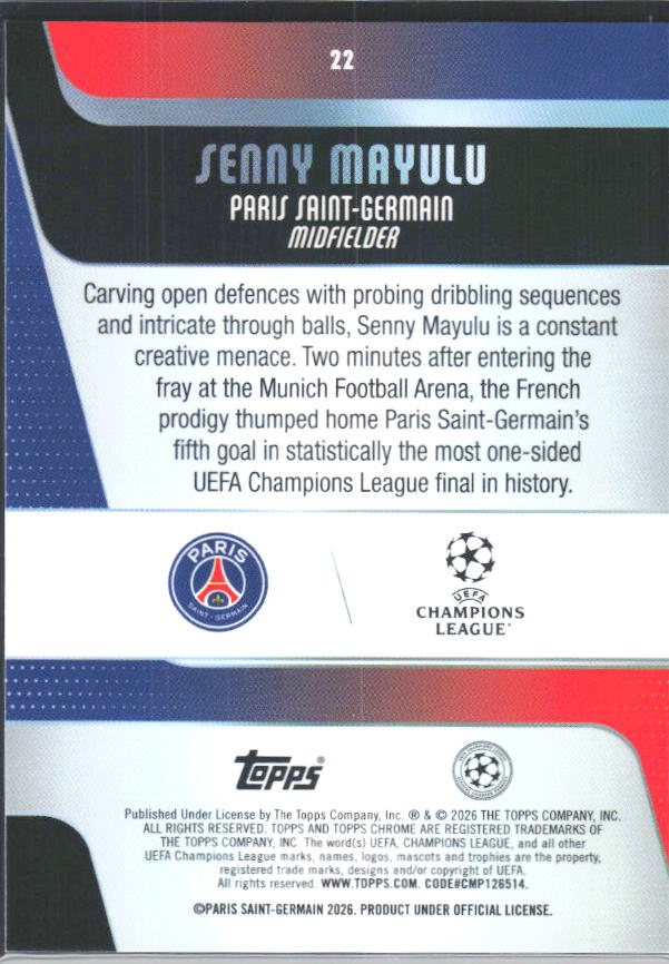 2025-26 Topps Chrome UEFA Club Competitions #22 Senny Mayulu – baksida