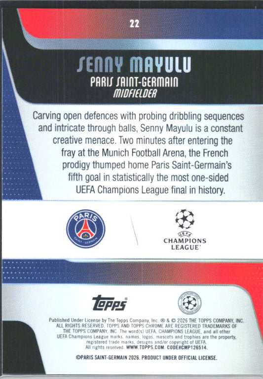 2025-26 Topps Chrome UEFA Club Competitions #22 Senny Mayulu – baksida