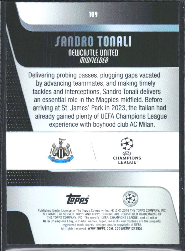 2025-26 Topps Chrome UEFA Club Competitions #109 Sandro Tonali – baksida