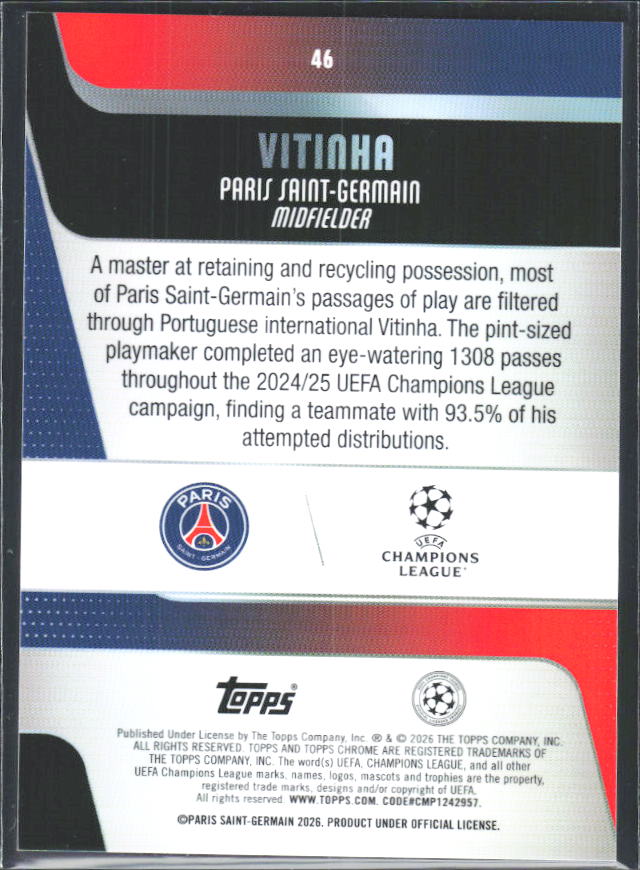 2025-26 Topps Chrome UEFA Club Competitions #46 Vitinha – baksida