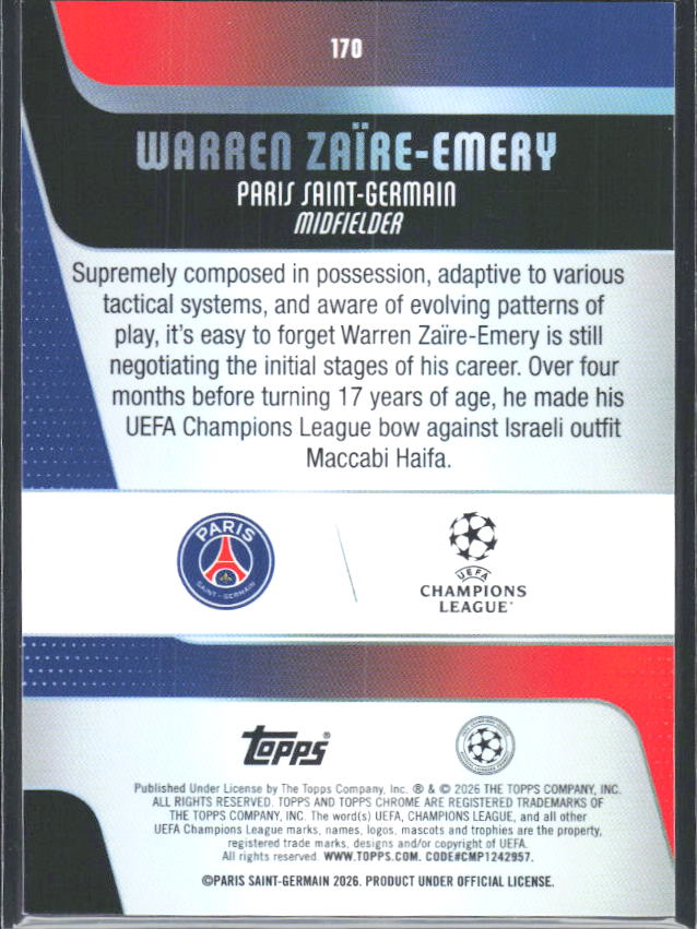 2025-26 Topps Chrome UEFA Club Competitions #170 Warren Zaïre-Emery – baksida