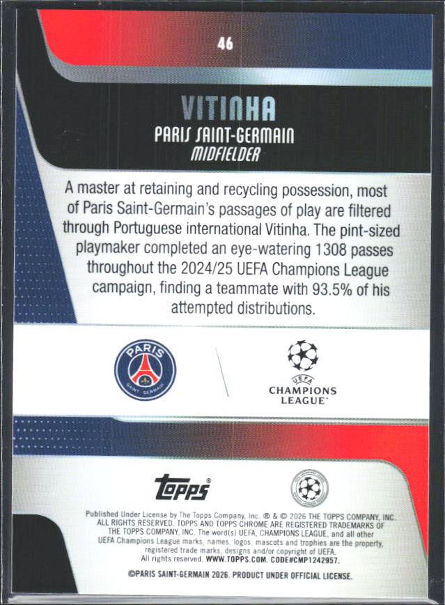 2025-26 Topps Chrome UEFA Club Competitions #46 Vitinha – baksida