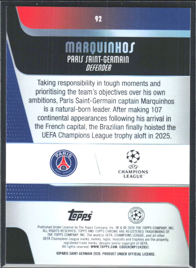 2025-26 Topps Chrome UEFA Club Competitions #92 Marquinhos – baksida