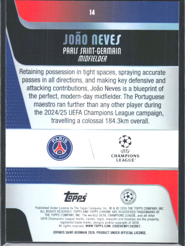 2025-26 Topps Chrome UEFA Club Competitions #14 João Neves – baksida