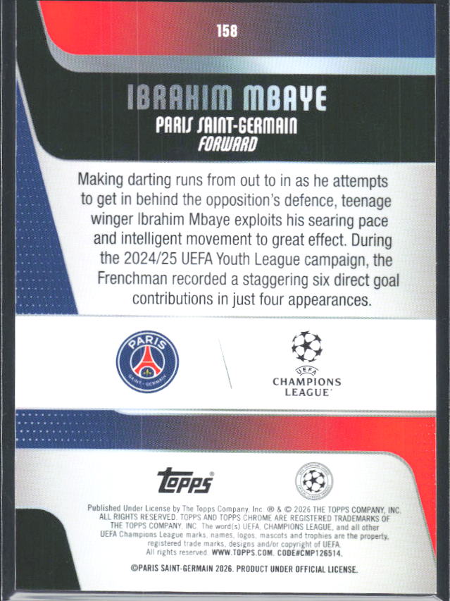 2025-26 Topps Chrome UEFA Club Competitions #158 Ibrahim Mbaye – baksida