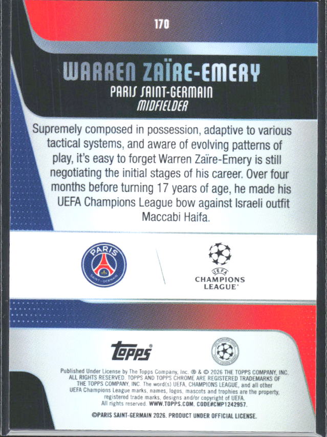 2025-26 Topps Chrome UEFA Club Competitions #170 Warren Zaïre-Emery – baksida