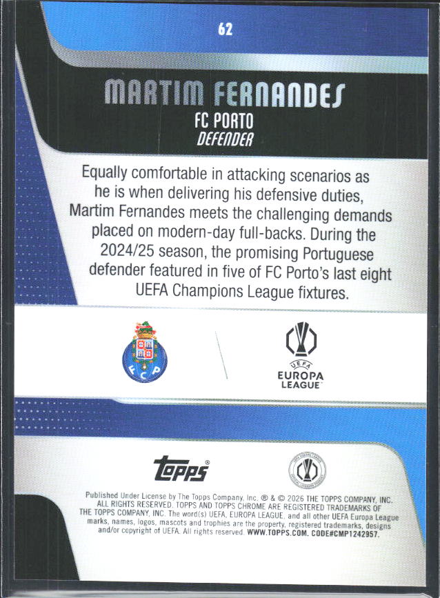 2025-26 Topps Chrome UEFA Club Competitions #62 Martim Fernandes – baksida