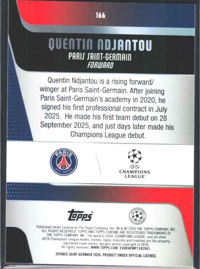 2025-26 Topps Chrome UEFA Club Competitions #166 Quentin Ndjantou – baksida