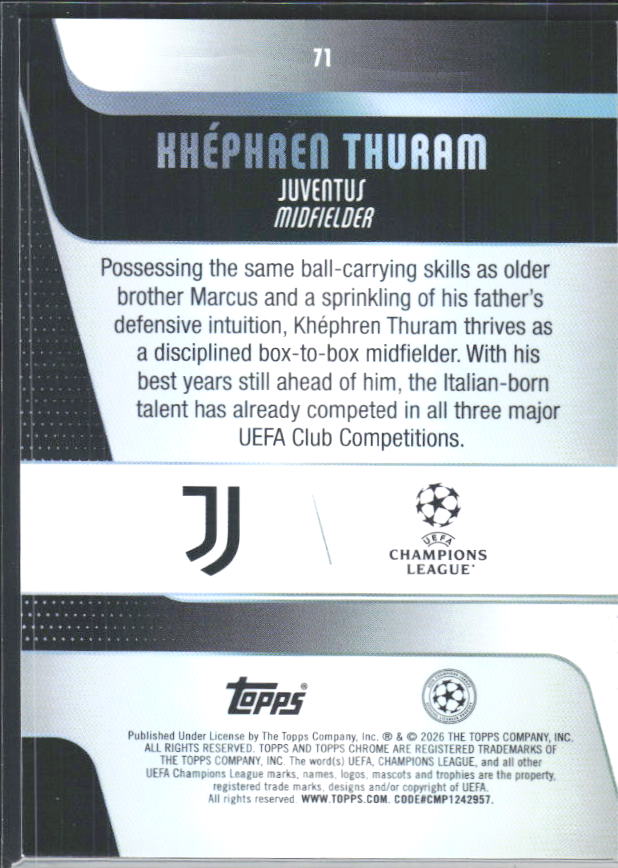 2025-26 Topps Chrome UEFA Club Competitions #71 Khéphren Thuram – baksida