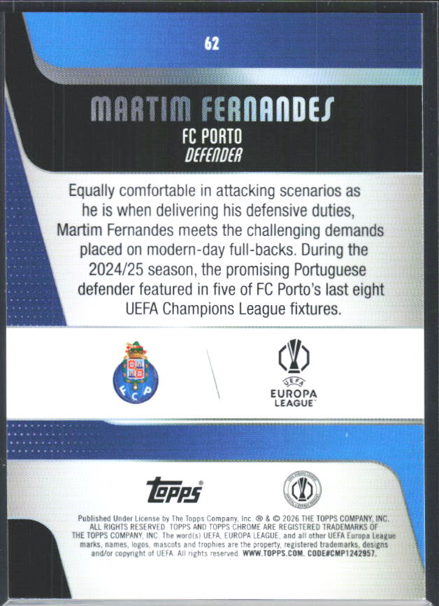 2025-26 Topps Chrome UEFA Club Competitions #62 Martim Fernandes – baksida