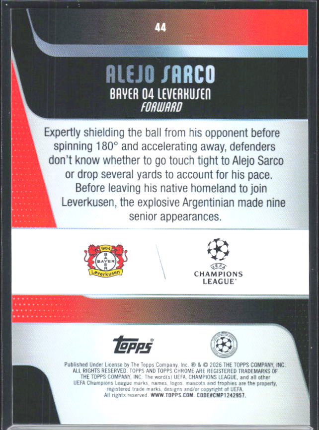 2025-26 Topps Chrome UEFA Club Competitions #44 Alejo Sarco – baksida
