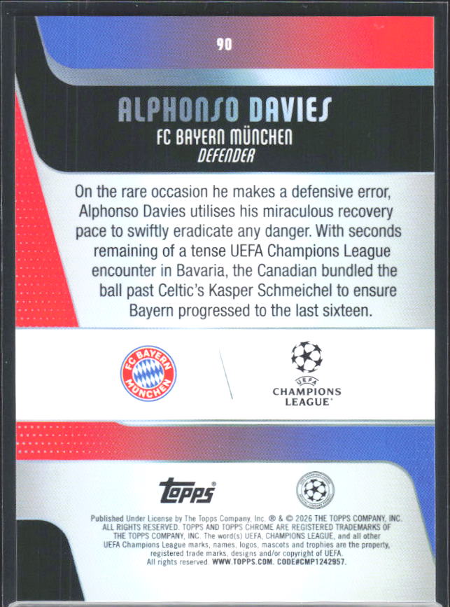 2025-26 Topps Chrome UEFA Club Competitions #90 Alphonso Davies – baksida