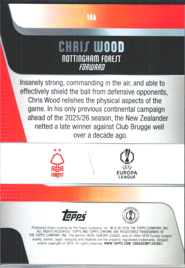 2025-26 Topps Chrome UEFA Club Competitions #186 Chris Wood – baksida