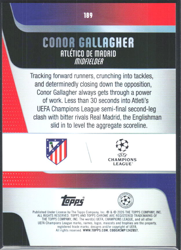 2025-26 Topps Chrome UEFA Club Competitions #189 Conor Gallagher – baksida
