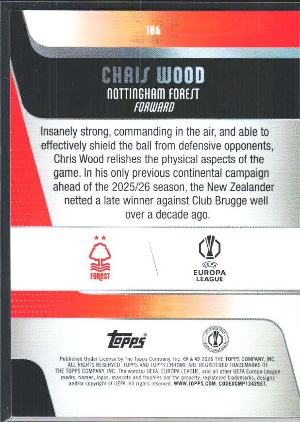 2025-26 Topps Chrome UEFA Club Competitions #186 Chris Wood – baksida