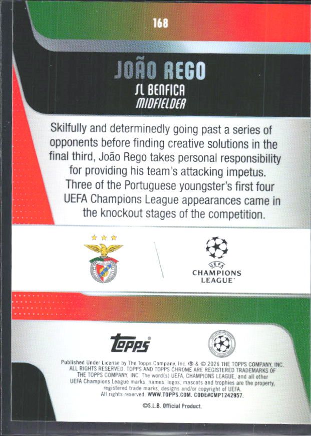 2025-26 Topps Chrome UEFA Club Competitions #168 João Rego – baksida