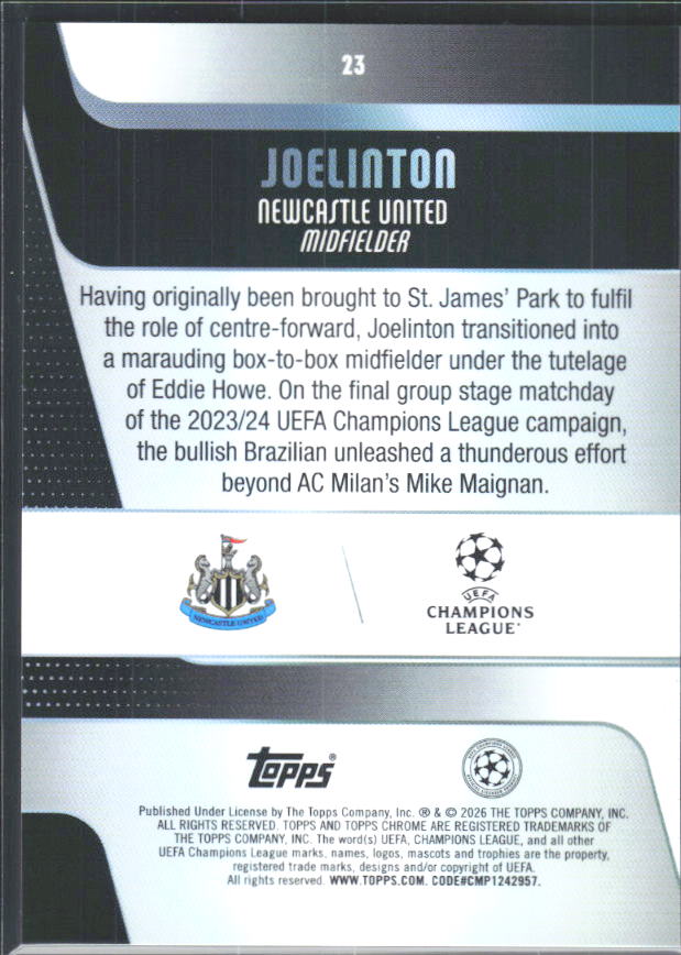 2025-26 Topps Chrome UEFA Club Competitions #23 Joelinton – baksida