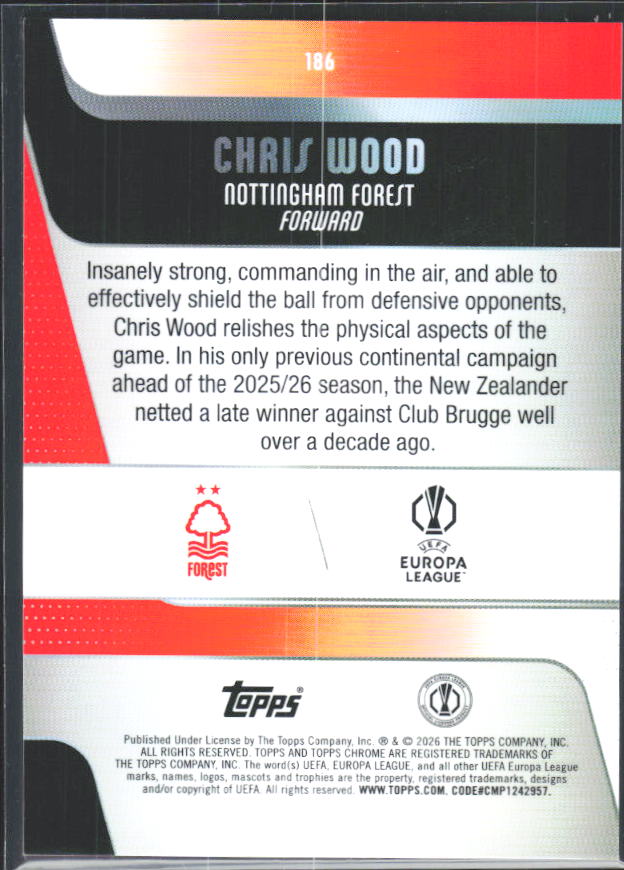2025-26 Topps Chrome UEFA Club Competitions #186 Chris Wood – baksida