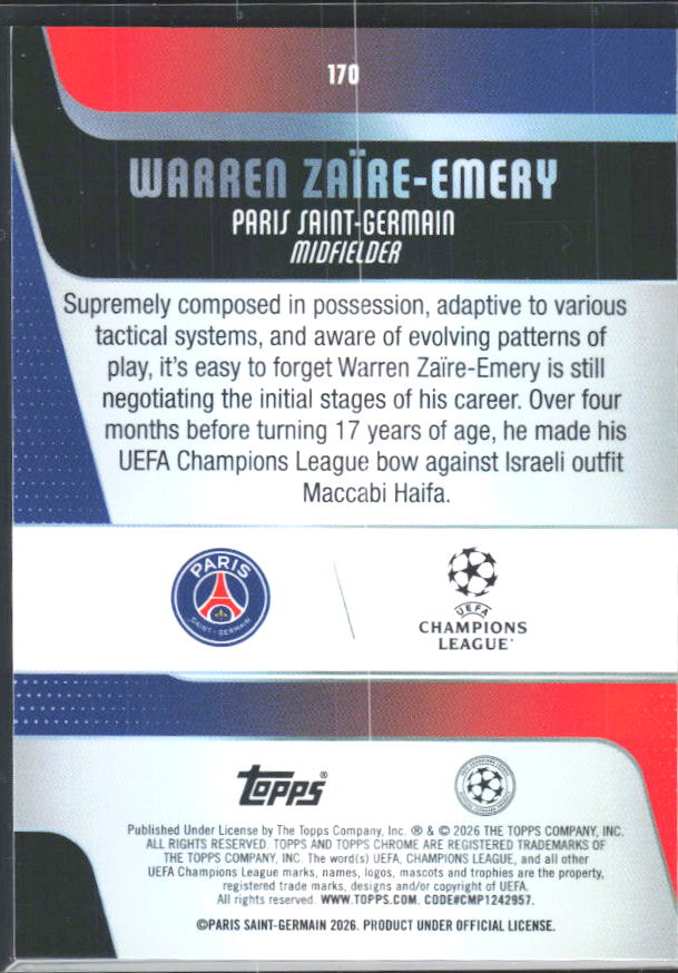 2025-26 Topps Chrome UEFA Club Competitions #170 Warren Zaïre-Emery – baksida