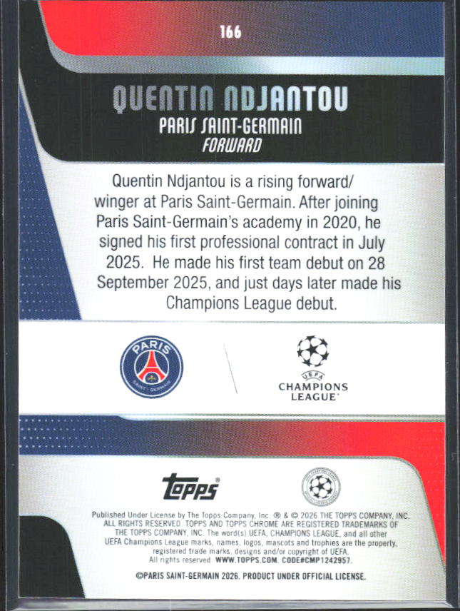 2025-26 Topps Chrome UEFA Club Competitions #166 Quentin Ndjantou – baksida