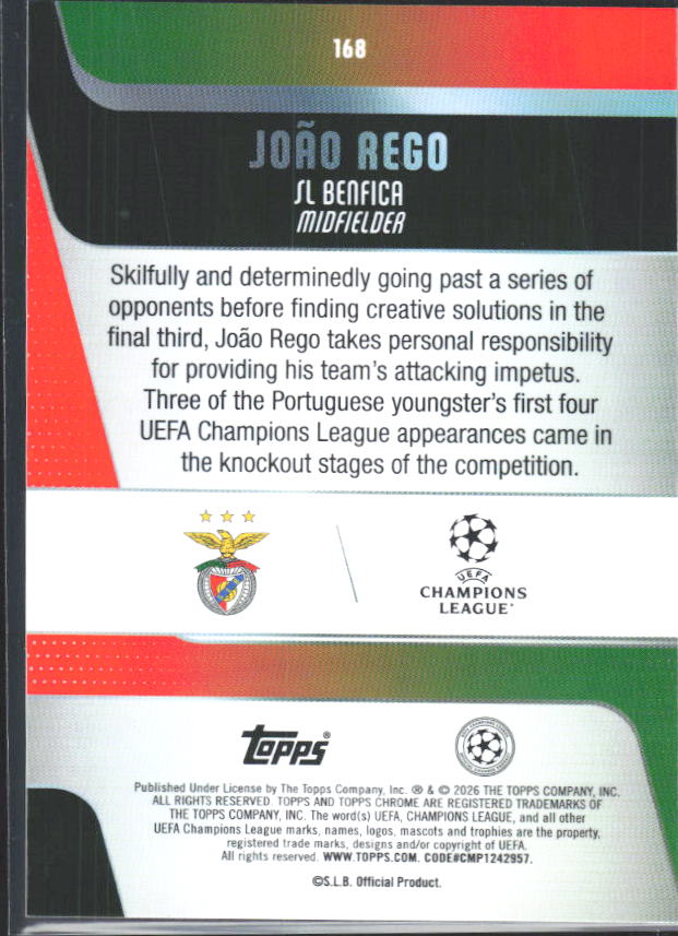 2025-26 Topps Chrome UEFA Club Competitions #168 João Rego – baksida
