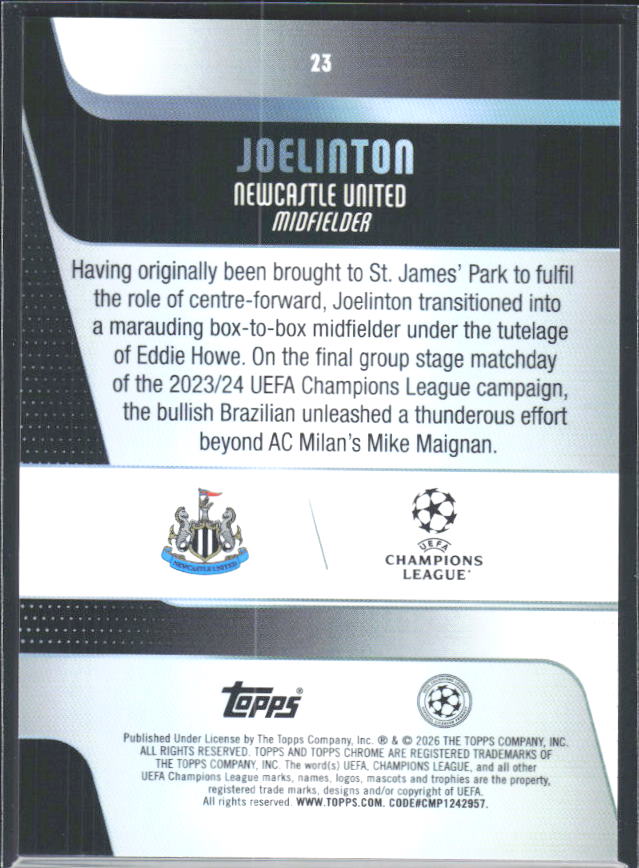 2025-26 Topps Chrome UEFA Club Competitions #23 Joelinton – baksida