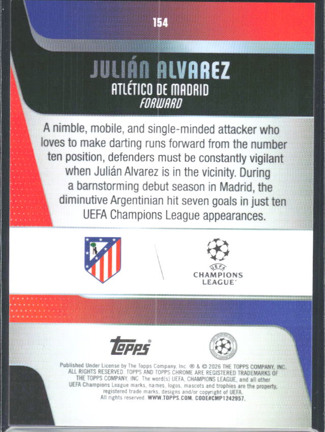 2025-26 Topps Chrome UEFA Club Competitions #154 Julián Alvarez – baksida