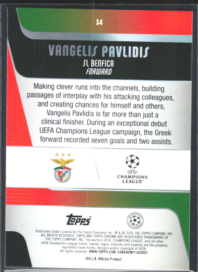 2025-26 Topps Chrome UEFA Club Competitions #34 Vangelis Pavlidis – baksida