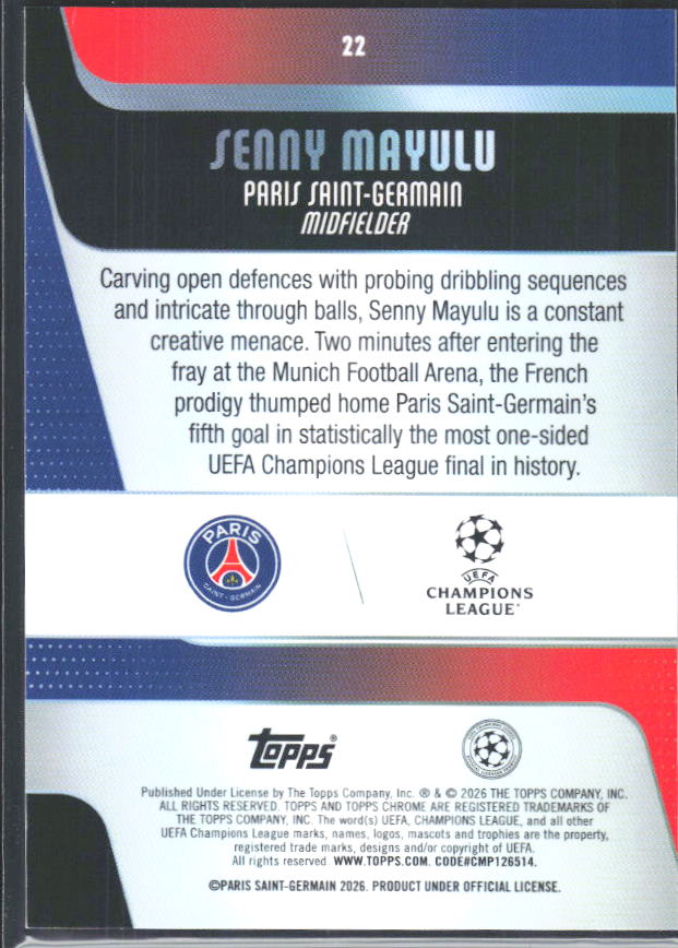 2025-26 Topps Chrome UEFA Club Competitions #22 Senny Mayulu – baksida