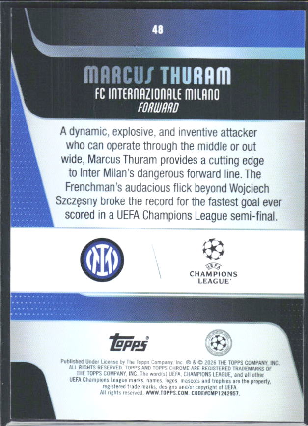 2025-26 Topps Chrome UEFA Club Competitions #48 Marcus Thuram – baksida