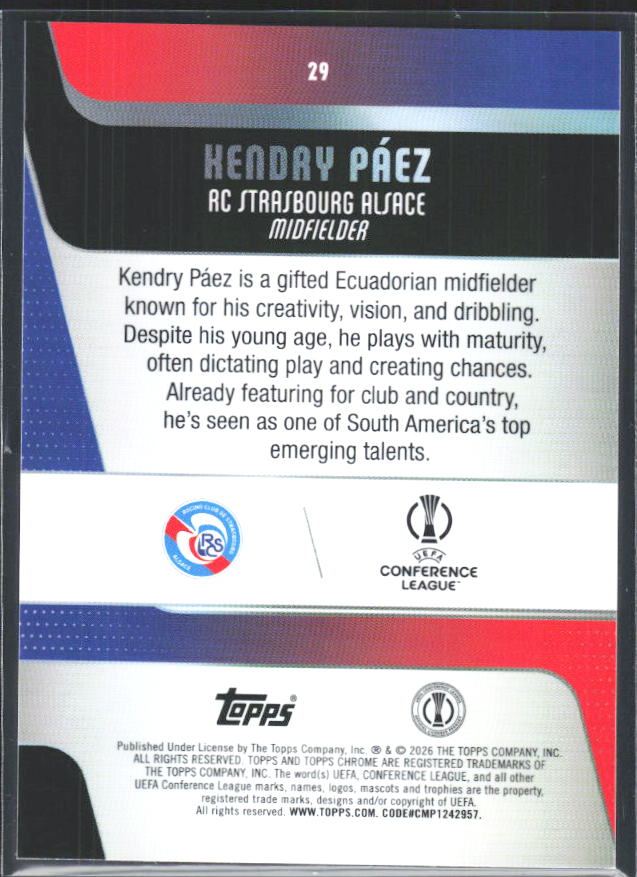2025-26 Topps Chrome UEFA Club Competitions #29 Kendry Páez – baksida