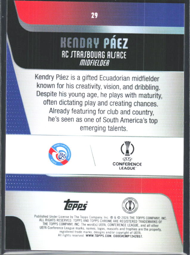 2025-26 Topps Chrome UEFA Club Competitions #29 Kendry Páez – baksida